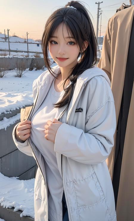 (Did We Really Love), (masterpiece, best quality), (photo realistic), (photograpy), (intricate detail, Detailed Face), high-resolution, HDR, 1girl, solo focus, 20 years old sexy korean girl,
front view, looking at viewer,
Light smile,
White ponytail hair,
variety of hairstyles,
High teen style,
Winter, White winter coat,
snowy outdoors Background,
gigantic breasts:0.1,
wide hip:0.4,