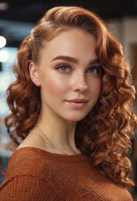 1girl, half-polish, slavic, anglo, portrait, headshot, cute model, Long thick Maxi Skirt, Knit tube top, swept back hair, alluring smile, working at a clothing store, perfect eyes, highly detailed beautiful expressive eyes, detailed eyes, 35mm photograph, film, bokeh, professional, 4k, highly detailed dynamic lighting, photorealistic, 8k, raw, rich, intricate details, identical iris, curly auburn hair