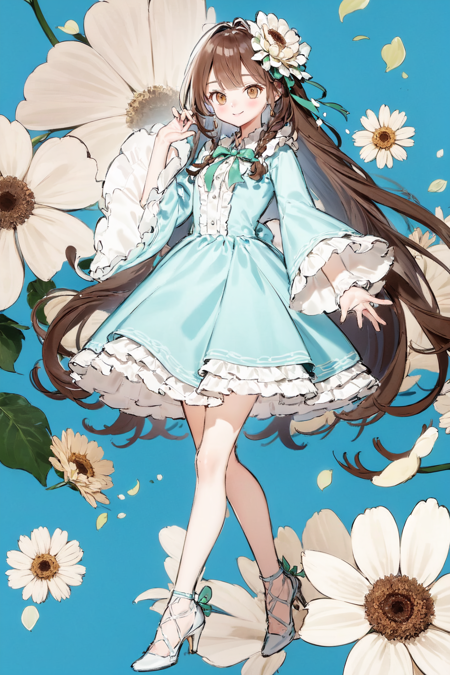 best quality, masterpiece, extremely detailed, detailed background, best quality, masterpiece, extremely detailed, detailed background, 1girl, flower, dress, long hair, solo, white flower, brown hair, hair flower, very long hair, white dress, brown eyes, hair ornament, long sleeves, frills, ribbon, looking at viewer, frilled dress, smile, white footwear, braid, petals, green ribbon, bangs, blue background, puffy long sleeves, high heels, absurdly long hair, weibo logo, blush, close up