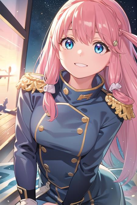 neiookawamura, <lora:nei ookawamura manga-lora-nochekaiser:1>,
nei ookawamura, long hair, blue eyes, hair ornament, pink hair, braid, smile,
BREAK gloves, boots, belt, skirt, uniform, military, military uniform, epaulettes,
BREAK outdoors, space, starry sky, star \(sky\), moon,
BREAK looking at viewer, (cowboy shot:1.5),
BREAK <lyco:GoodHands-beta2:1>, (masterpiece:1.2), best quality, high resolution, unity 8k wallpaper, (illustration:0.8), (beautiful detailed eyes:1.6), extremely detailed face, perfect lighting, extremely detailed CG, (perfect hands, perfect anatomy),