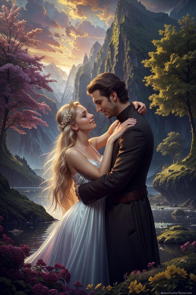 A Fantasy Art Illustration of a Beautiful Brunette Woman and a Man in a Forest.