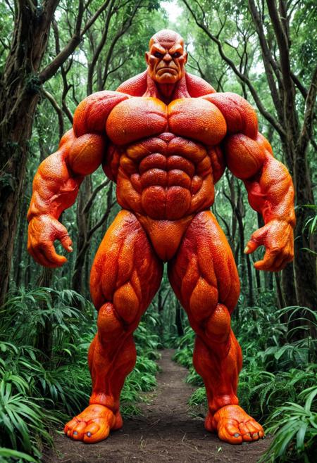 score_9,score_8_up,score_7_up, The image depicts a towering, muscular golem, in blood orange style, entirely made of blood orange, standing majestically amidst a lush, verdant forest. Its form is robust and imposing, with broad shoulders and powerful limbs, intricately detailed with organic-like straw textures. the view emphasizing the grandeur of the forest guardian. The surrounding environment is in natural light, filtering through the dense canopy, creating a mystical and fantastical atmosphere.  <lora:1:1>
