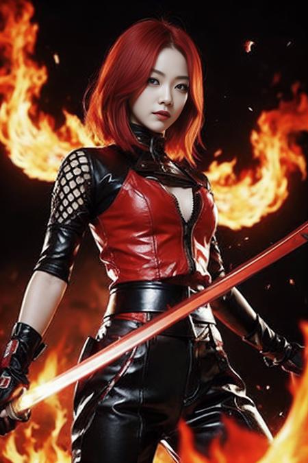 1girl,red hair,flaming eye,katana,flames,burning houses,glowing,sidelighting,wallpaper,