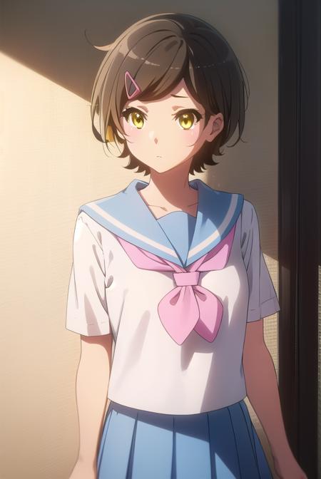 hazukikatou, <lora:hazuki katou s2-lora-nochekaiser:1>,
hazuki katou, short hair, brown hair, hair ornament, (yellow eyes:1.3), hairclip,
BREAK skirt, shirt, school uniform, white shirt, short sleeves, pleated skirt, serafuku, sailor collar, blue skirt, neckerchief, blue sailor collar, school bag, (pink neckerchief:1.2), kitauji high school uniform,
BREAK indoors, classroom,
BREAK looking at viewer, (cowboy shot:1.5),
BREAK <lyco:GoodHands-beta2:1>, (masterpiece:1.2), best quality, high resolution, unity 8k wallpaper, (illustration:0.8), (beautiful detailed eyes:1.6), extremely detailed face, perfect lighting, extremely detailed CG, (perfect hands, perfect anatomy),