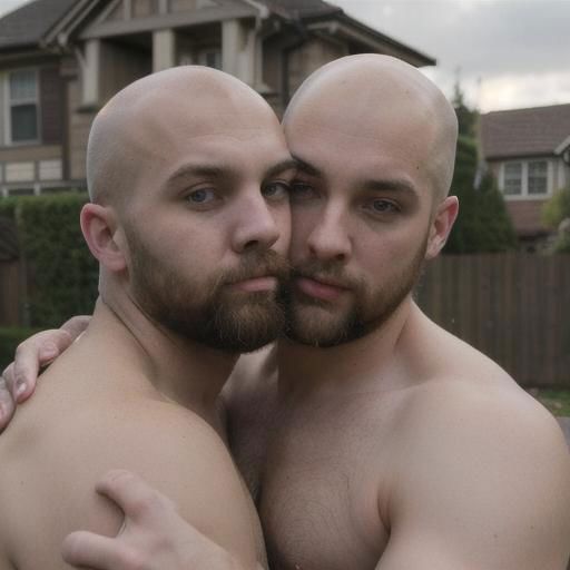 masterpiece, best quality, one is tall, bald and bearded, beefy, fseconf guy is younger and short and front of other man,adult males, beards, chavs, rough, dirty, Mancunian, mean, bullies, druggies, skinheads, in front of suburban house, hugging, homoerotic, realistic, dramatic lighting, atmospheric, intricate detail