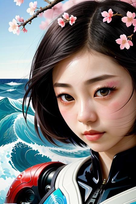 (desaturation:1.5),<lora:style_of_Yuko_Shimizu_FLUX_204:1>,style of Yuko Shimizu,a futuristic Advanced Cyborg japanese girl collides with traditional japanese art,abstract background of giant cherry blossoms and ocean waves,((Super Closeup intensity)),black theme,