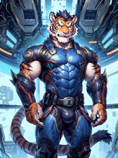 anthro male tiger, sci-fi style, Japanese animation style, 18age teenagers furry, Cyberger, The male tiger mecha police officer has been restored to factory settings, slim and handsome, including the operation interface, holographic manufacturing drawings, design drawings, t-pose, futuristic style, movie texture, snake hips, futuristic, cybernetic, detailed, intricate, cygames, by null-ghost, by zixiong, 1 tail, muscle