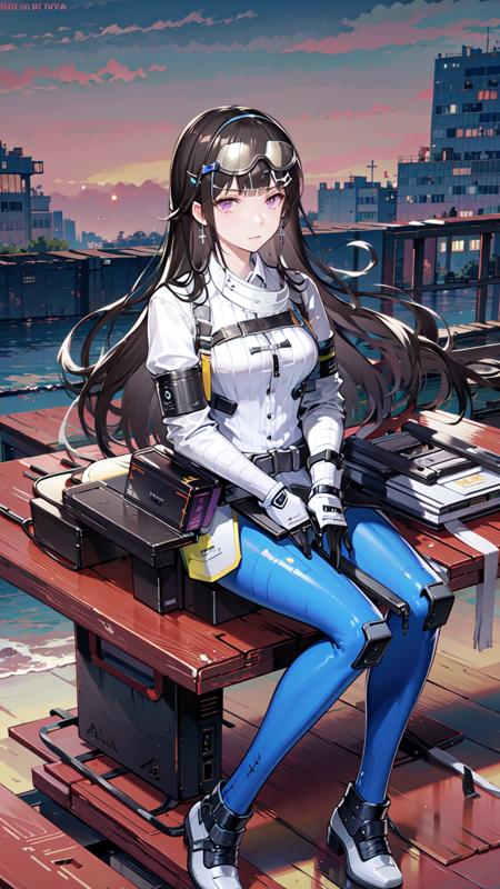 1girl, solo, long hair, black hair, gloves, black gloves, pants, goggles, bangs, white shirt, shirt, jacket, goggles on head, blue pants, pouch, breasts, jewelry, earrings, sitting, sitting down, long sleeves, purple eyes, white jacket, <lora:YaoWinterV1:0.9>, yaowinterSB, full body, beach, indoors, dark, riffle, holding weapon, weapon,