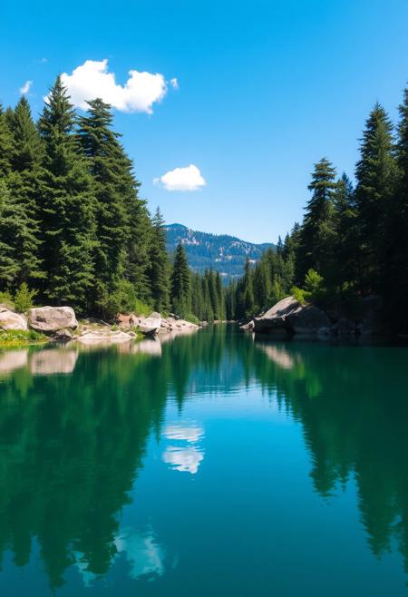 A picturesque landscape is showcased in this image, with a calm lake at its center. The water is still enough to act as a mirror for the clear sky above, which features a few white clouds. Tall trees with dense foliage line one side of the lake, while large rocks and boulders are visible on the other. In the distance, mountains rise against the horizon, adding depth to the scene. The colors predominantly consist of various shades of green and blue, creating a serene and natural atmosphere.