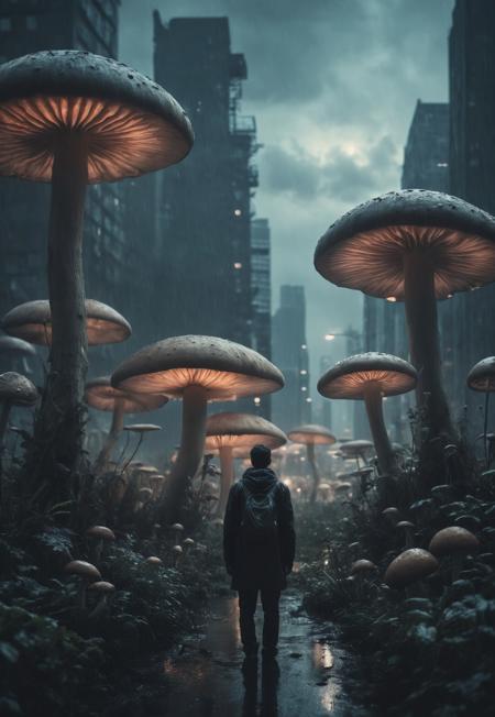 dark futuristic cityscape overgrown with giant glowing mushrooms, dark human Silhouette far away, gloomy atmosphere, creepy atmosphere, interstellar, panorama shot, rainy, desaturated, dramatic lighting, desaturated background, bokeh, dark theme, soothing tones, depth of field, dramatic backlighting, film grain, Surreal Harmony