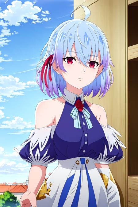 (exceptional, best aesthetic, new, newest, best quality, masterpiece, extremely detailed),<lora:Ruti_V2:0.75>,Ruti, 1girl, solo, blue hair, ribbon, ahoge, red eyes, short hair, hair ribbon, bare shoulders, multicolored hair, sky, kama (fate), dress, gradient hair, outdoors, looking to the side, breasts, day, flower, blue sky, expressionless, red ribbon, hair between eyes