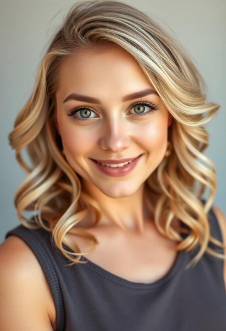 Beautiful woman, Petite, curvaceous figure, fair skin, heart-shaped face, large hazel eyes, slightly upturned nose, warm smile, full lips, well-defined cheekbones, blonde hair in soft waves