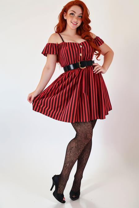 r3dsp1der, pantyhose,vertical stripes,belt,red dress