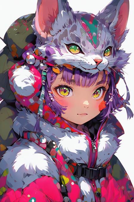 mayoi shigure, 1girl, breasts, looking at viewer, blush, smile, short hair, open mouth, bangs, hair ornament, animal ears, hair between eyes, medium breasts, purple eyes, hairclip, pink eyes, crossed bangs, light green hair, weasel ears, gloves, fur trim, gray jacket, gray headwear, animal tail