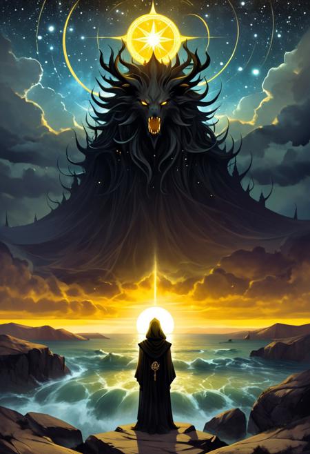 Hastur, cosmic horror, dark art, King in Yellow, by alexandre calame, Along the shore the cloud waves break The twin suns sink behind the lake The shadows lengthen In Carcosa Strange is the night where black stars rise And strange moons circle through the skies But stranger still is Lost Carcosa Songs that the Hyades shall sing Where flap the tatters of the King Must die unheard in Dim Carcosa Song of my soul my voice is dead Die thou unsung as tears unshed Shall dry and die in Lost Carcosa