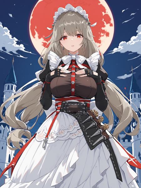 Alexandrina Sebastiane low-tie long hair, hair ribbon, holster, maid headdress, white legwear, mary janes, black long dress, maid apron, white bowtie, partially fingerless gloves