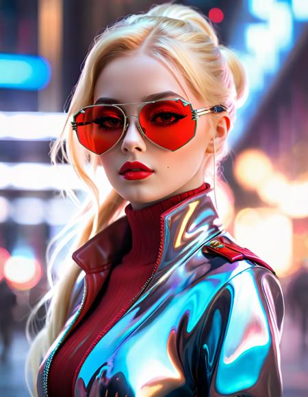 ethereal fantasy concept art of  1girl, red lips, makeup, long hair, realistic, blonde hair, ponytail, sunglasses, lipstick, digital media \(artwork\), blurry background, nose, jacket, closed mouth, turtleneck, futuristic glasses, pretty, fine detail, real, epic, cinematic, dramatic, striking, beautiful, artistic, highly detailed, complex, vibrant color, best
 <lora:FuturisticGlassesXL:.6>, , <lora:FILM_PHOTOGRAPHY_STYLE:0.25> . magnificent, celestial, ethereal, painterly, epic, majestic, magical, fantasy art, cover art, dreamy