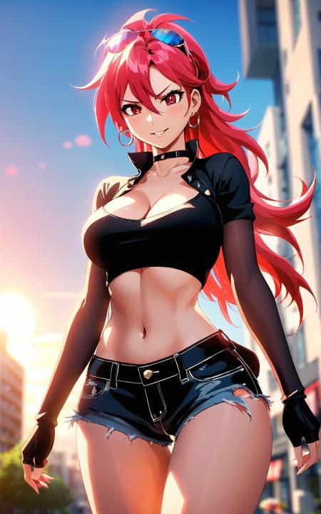 1girl, long hair, pink hair, ponytail, (messy hair), red eyes, large breasts, scrunchie, hair ornament, head tilt, (smile:0.7), collarbone, black shirt, navel, underboob, (open button shorts:1.2), wind, outdoors, street, building, glowing light, ray tracing, dynamic lighting, beautiful detailed sky, beautiful detailed cloud,, depth of field, dramatic light, cowboy shot, looking at viewer, 