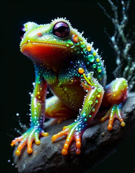 macro photo, a beautiful translucent glass frog that glows within, glowing lights, beautiful waterfall , made out of transparent delicate glass, magical sparkles,vibrant whimsical colors, made of ral-pxlprtcl <lora:ral-pxlprtcl:1>