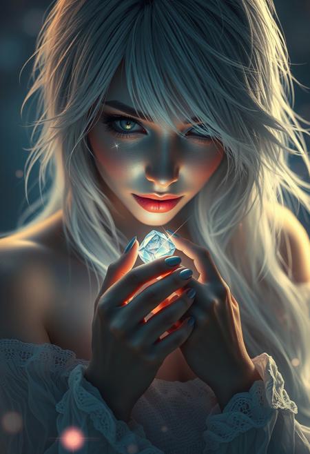 Shadowed-luminary, nightmare-fantasy woman with silver-white hair, graphic-adventure character, embracing a small glowing wish-ruby, realistic and highly detailed photograph, soft pastel hues, dramatic realism, sharp-focused, wide-angle, with motion-blurred background, delicate sparkles in asymmetrical hair layers