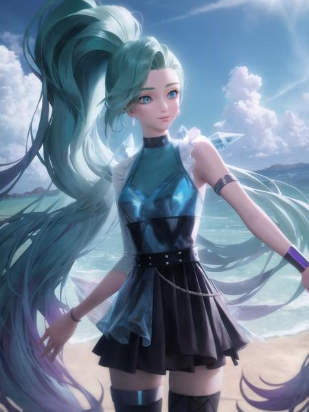 beach, high detailed, 8k, highres, (k/da all out seraphine), league of legends, k/da \(league of legends\), cowboy shot, 1girl, solo, aqua hair, gradient hair, multicolored hair, blue eyes, lips, long hair, long ponytail, ponytail, earrings, jewelry, armlet, bracelet, choker, ice wings, blue dress, layered clothing, black skirt, single bare shoulder, thighhighs