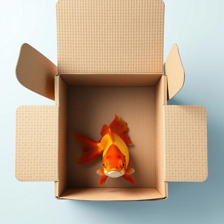 high quality, detailed, source_3d, source_photo,
BREAK cardboard box, top down view of cardboard box, open box, goldfish laying on its side at the bottom of the box, goldfish is motionless, goldfish eye looking at view,