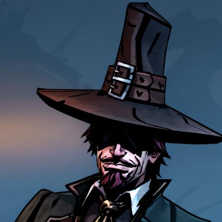 1boy, solo, portrait,hat, the grave robber, hat over eyes, darkest dungeon <lora:NecroSketcherAlpha:0.8>