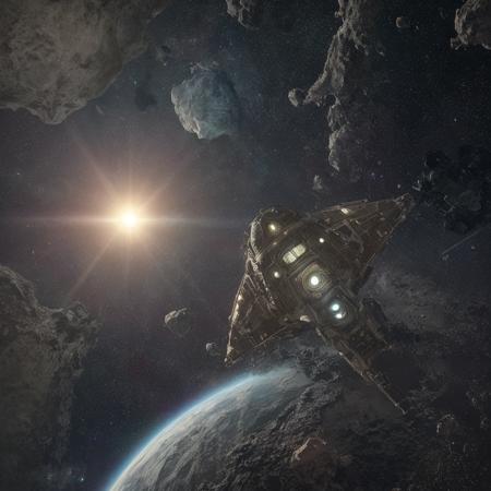 debris from ((detailed)) spaceship, floating alone in space, detailed setting, Bioluminescent sun, errie, dark, hdr, uhd, 4k