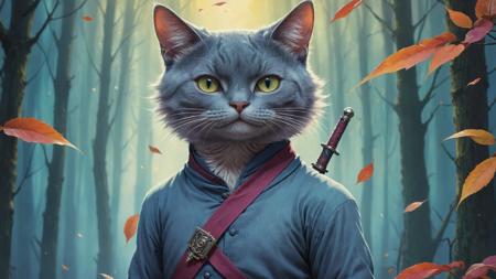 cartoon art by Anna Dittmann and (Studio Ghibli:1.0) , The Apology color painting, Swordsman ratio, Gorgeous Korat Cat, Fall, Character Movie still, whimsical and Impressive characters, nostalgic themes, blend of Terrifying and fantasy, comic, fertile, Appealing background, Regal slender, highly intricate, contemporary