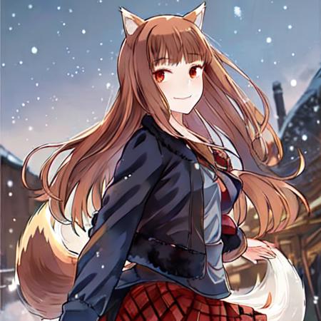 1girl, portrait, animal_ears, bangs, brown_hair, floating_hair, holo, jacket, long_hair, outdoors, plaid, pleated_skirt, red_skirt, skirt, smile, snow, solo, tail, wolf_ears, wolf_girl, wolf_tail, ((in a medieval city)), <lora:swholo:0.8>