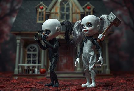The grimdark image depicts Cursed Twin Dolls in a fascinating full-body pose, showcasing a blend of black and white colors against a vivid Cursed Dollhouse background. The dolls, positioned towards the right, exhibit unique features - the left doll has a large head with a camera, while the right doll has a smaller head with a doll hammer. Their black limbs contrast with their white bodies, and their dynamic poses add movement to the scene. The Cursed Dollhouse in the background offers depth and perspective. The image, presented in 4K and exceptional quality, highlights the lifelike details, sharp lines, and stunning colors, with a focus on the dolls' facial features and clothes. This captivating scene is rendered with Octane Render, using Raphael style, and is trending on Artstation.