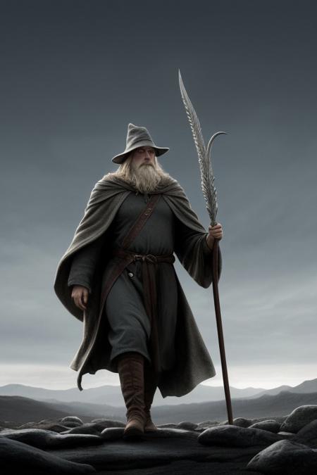 a figure strongly built and with broad shoulder, though shorter than the average of men and now stooped with age, leaning on a thick rough-cut staff as he trudged along... Gandalf's hat was wide-brimmed [...] with a pointed conical crown, and it was blue; he wore a long grey cloak, but this would not reach much below his knees. It was of an elven silver-grey hue, though tarnished by wear