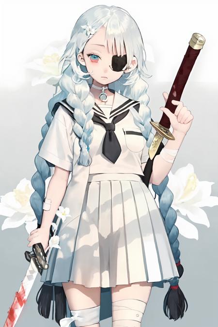 nsfw,
1girl, solo, long hair, looking at viewer, blue eyes, skirt, shirt, holding, very long hair, closed mouth, school uniform, standing, white shirt, weapon, braid, flower, white hair, short sleeves, cowboy shot, pleated skirt, necktie, serafuku, choker, sword, sailor collar, holding weapon, twin braids, blood, rose, animal, bandages, holding sword, eyepatch, white skirt, katana, white flower, black background, sheath, bandaid, white sailor collar, one eye covered, bandaged arm, bandaged leg, white choker, white rose, animal on shoulder, tiger, bandage over one eye, white theme, intravenous drip, white serafuku, bandaged neck, white tiger,
 <lora:karohroka:1>