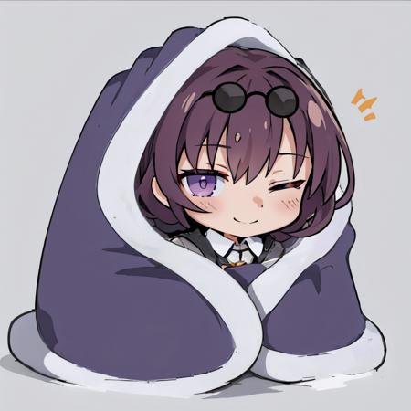 masterpiece, best quality, kafka, purple eyes, sunglasses on head, wink, one eye closed, smile, cozyblanket, chibi, simple background <lora:cozyblanket-nvwls-v1-000006:1>   <lora:kafka-nvwls-v1-final:1>