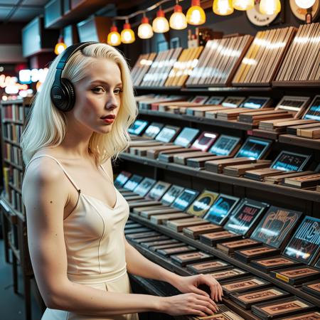 close up analogue photo of a beautiful 25 years (((albino woman:1.5))) with white hair (((pale skin:1.5))), white hair, <lora:Lumiya_SDXL:0.6>, A woman browses old records in a dim vinyl shop, vintage outfit and headphones on, lit by neon signs and moody track lighting, shallow depth of field.