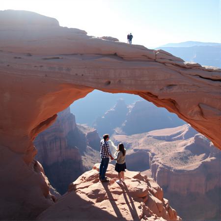 Grand Canyon. Couple standing on top of arch. Big drop. Couple in love.