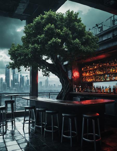 <lora:r0k00g00th:1>,r0k00g00th,r0kur3&l1tyHD. cyberpunk art,, a bar with stools and a tree in the middle of it with a city view in the background [2], prompt . ,weather, (overcast:1.5), full cloud cover, blocking most sunlight, blocking all sunlight,,