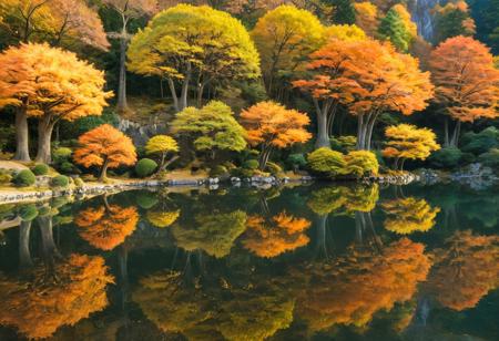Stunning detail reflection of golden and orange katsura trees around a natural round lake, autumn, realistic, wide shot, art style of Studio Ghibli, magical, whimsical atmosphere, vibrant colors, beautifully lit, serene landscape