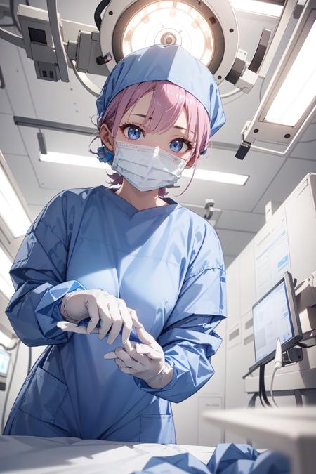 surgery_pov, view from below, pov, long sleeve surgical outfit, surgical mask,  surgical gloves, surgical cap,  operating room, overhead surgical light, looking downward, 