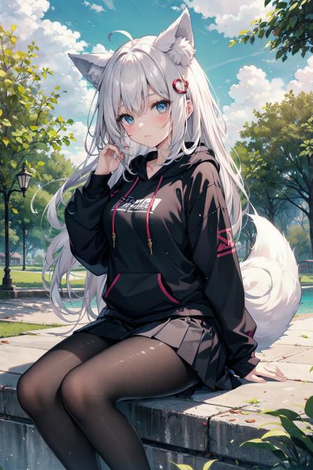 fox girl, fox ears, fox tail, long hair, hoodie, skirt, pantyhose, park scenery, sitting, masterpiece, best quality, HDR, highres,