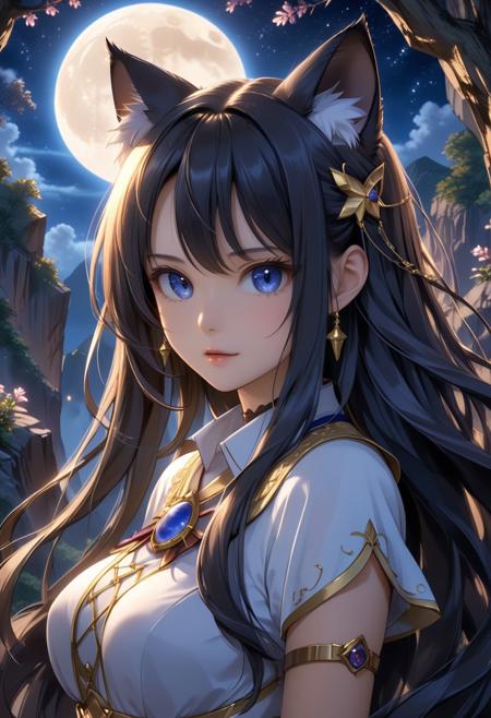 score_9, score_8_up, score_7_up, score_6_up, dynamic, (anime, masterpiece), best quality, (8k), detailed background, sharp focus, intricate, ambient lighting, super high quality, hyper detailed background, cinematic lighting, adult, double tone long hair, medium breasts, verybadimagenegative_v1.3, Moonlit, Starlight Piercing, Silken Shadows, Lunar Whisper, cat ears, cliff, moon