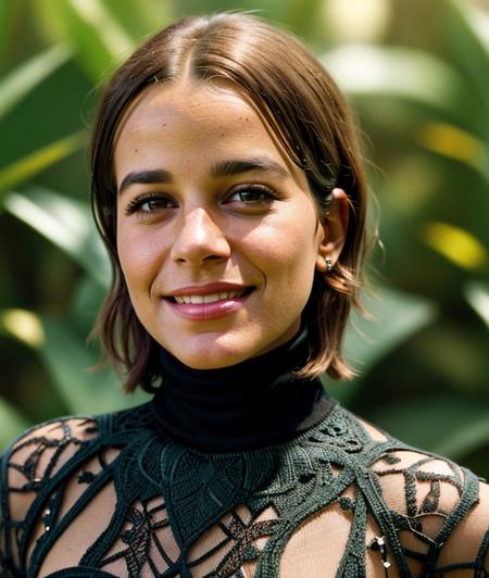 girl, neutral background, upper body, smile, detailed eyes, Spectacular light, bloom, Intricate details, turtleneck, breast, (close up), Short hair