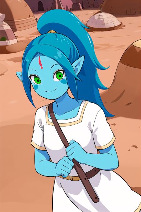 <lora:Canyon_Adventure_Time-06:0.8>, 1girl, solo, long hair, smile, upper body, green eyes, blue hair, pointy ears, colored skin, sandals, facial mark, bandages, forehead mark, desert, ponytail, very long hair, short sleeves, white dress, short dress, blue skin,