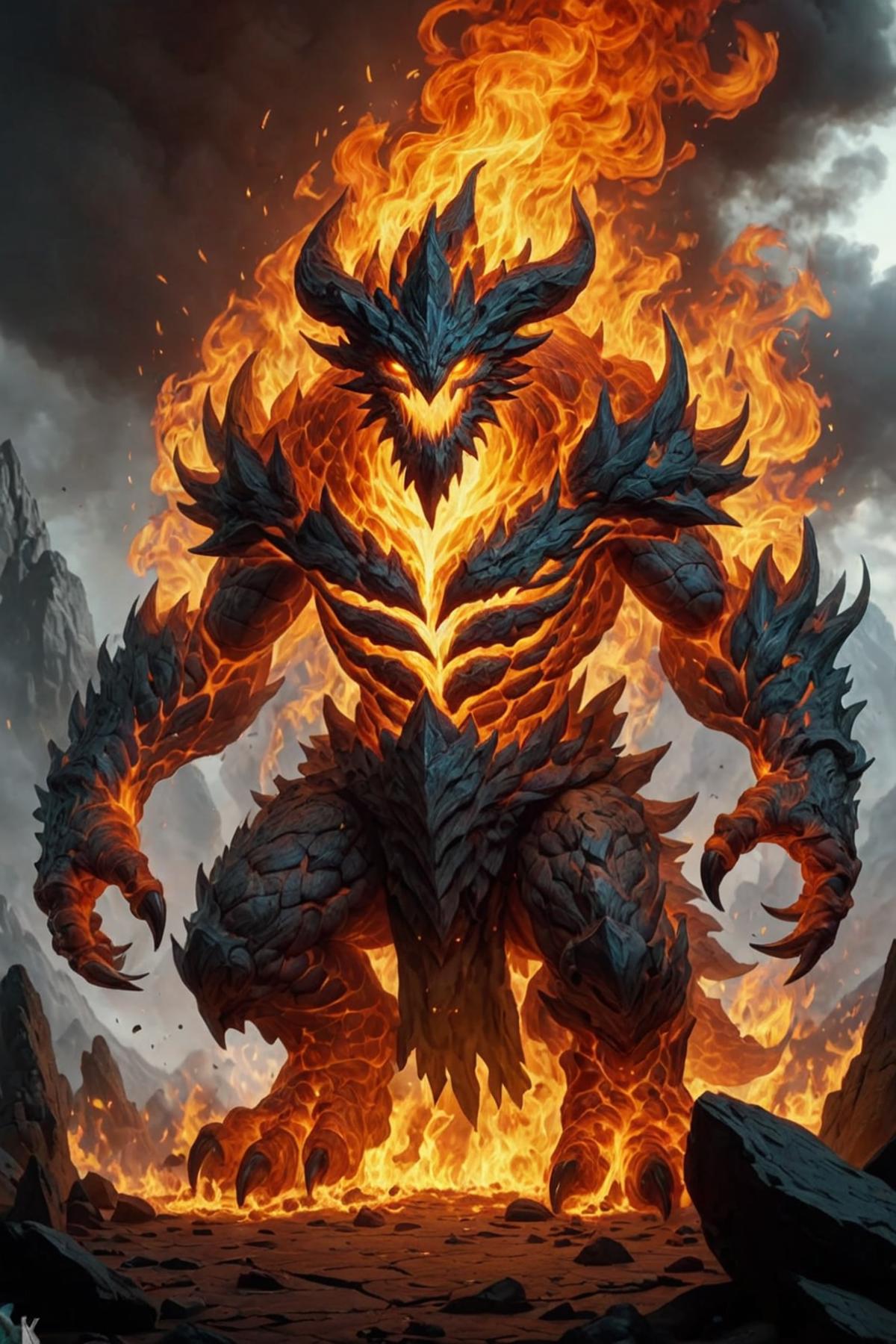 A fiery monster with horns and wings, standing on a rock and surrounded by fire.