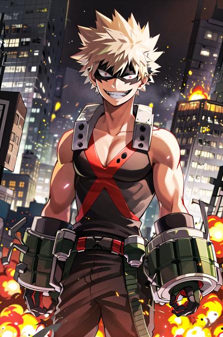 ((masterpiece,best quality, detailed)), 1boy, male focus, outdoors, building, explosion, fire, embers,
bakugou katsuki, two-tone gloves, green belt, eye mask, (grenade), black tank top, bare shoulders, superhero, black pants, crazy smile