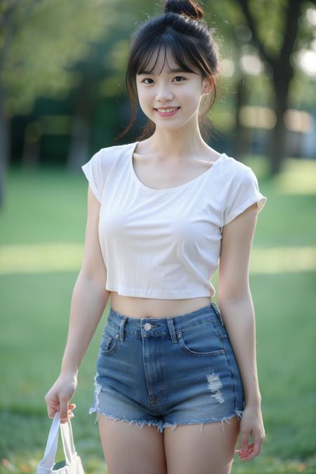 FILMG,standing,depth of field,blurry background,(8k, RAW photo, best quality, masterpiece:1.2),(realistic, photo-realistic:1.37),lens flare,cute,professional lighting, photon mapping, radiosity, physically-based rendering,lss,1girl in white short sleeves and denim shorts,single hair bun, smile,(teeth:1),bangs,playground,(pureerosface_v1:0.7) <lora:shojovibe_v11:0.3> <lora:FilmG4:1> <lora:lss3-000014:0.7>