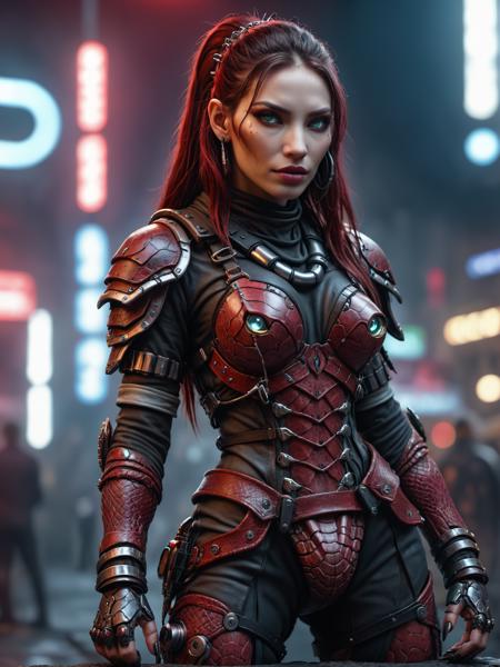 a red snake cyberpunk woman with robotic elements, leather armor outfit, neon lights, detailed photo, sfw, detailed, realistic, 8k uhd, high quality