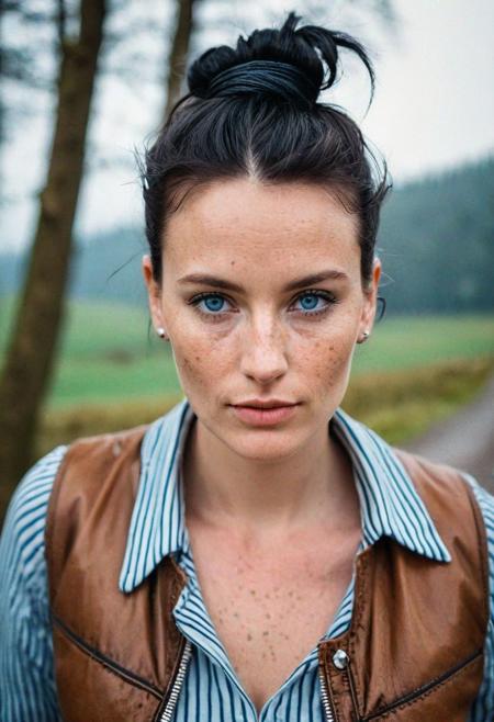 Stunning analog photo of a beautiful 38 years old Dutch woman, close up, striped tank top, jacket, leather pants, perfect face, absolute beauty, sexy pose, natural raven black hair, hairbun, blue eyes, freckles, freckles and moles all over body, absolute perfect tits, big tits, soft natural tits, dreamy expression, walking up the dive leading to a cozy wood cabin, early morning, foggy, soft natural early morning light light