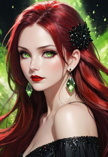 1 girl, solo, beautiful mature women, beautiful women, detailed face, (white skin:1.2), bare shoulder, blushing, (red and black fading long hair:1.2), light green eyes, dark lipstick, dark eyeliner, large ring shaped earing, serious look, ((oil paint texture)), black and red, dark colors, illustration anime, black crystals
