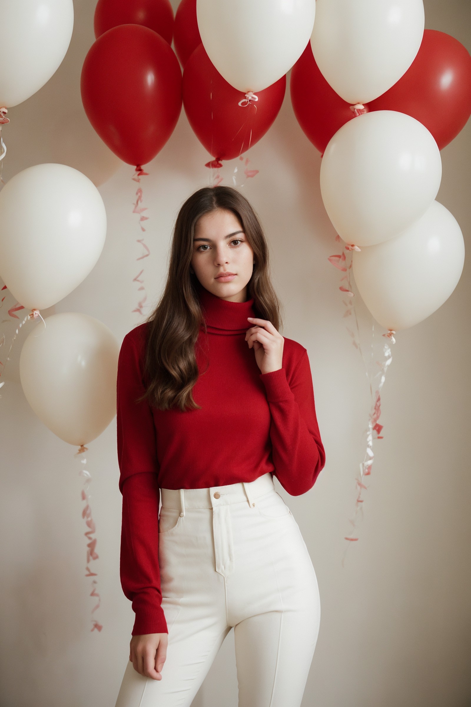 fashion portrait photo of beautiful young woman from the 60s wearing a red turtleneck standing in the middle of a ton of w...